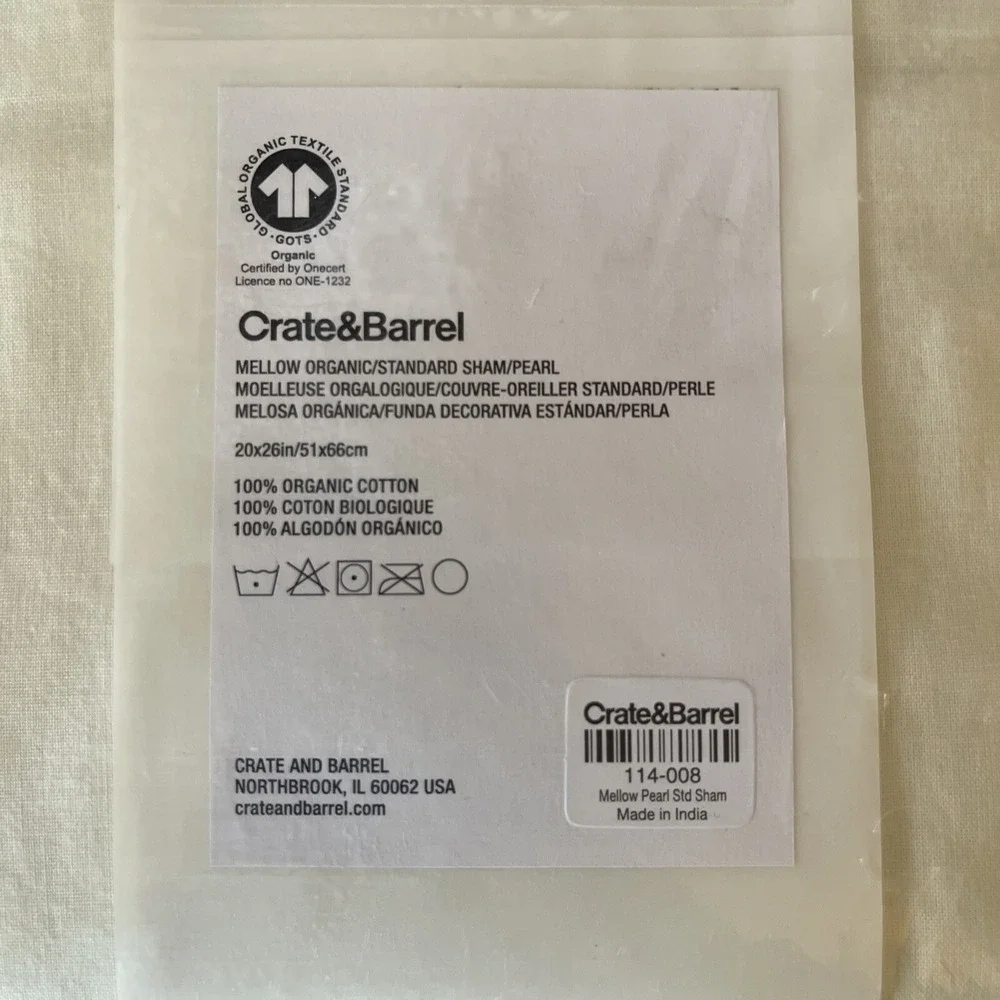 Crate‎ & Barrel Sham Mellow Standard Size Organic Cotton Pearl Ivory New Pillow